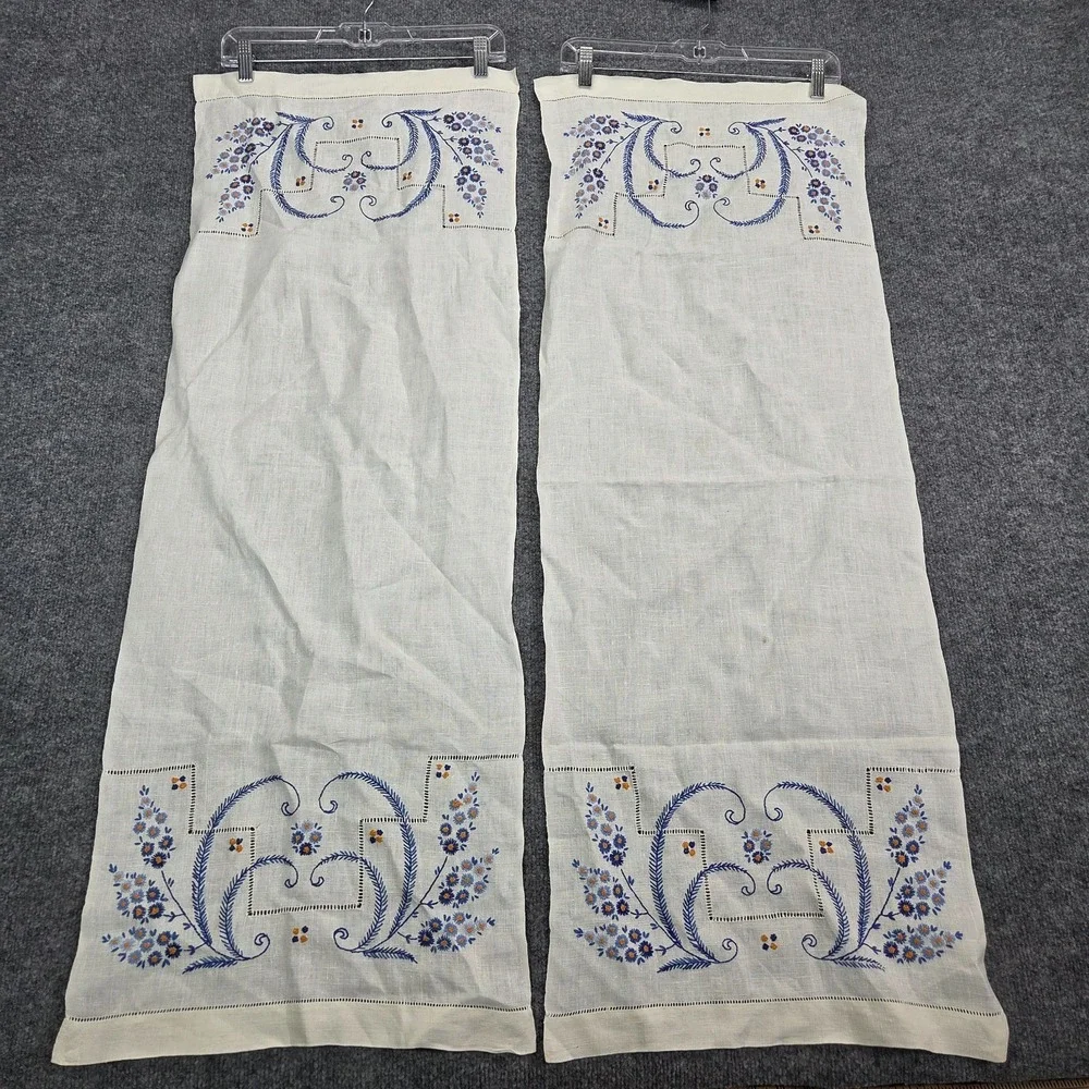2 Vintage Hand Stitched Table Runner Floral design Blue Bonnet‎ Cottagecore